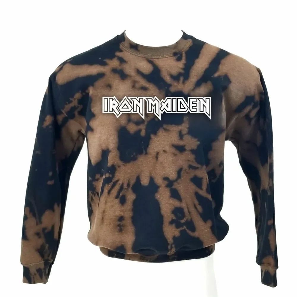 IRON MAIDEN Heavy Metal Rock Band Acid Wash Pullover Crewneck Sweatshirt Y2K rap